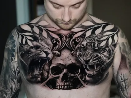 Tatuaje realista de calavera y animales en pecho completo por Goethe Ink Barranquilla