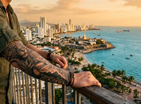 Tattooed arm with black and grey realism sleeve overlooking a Colombian coastal city at golden hour