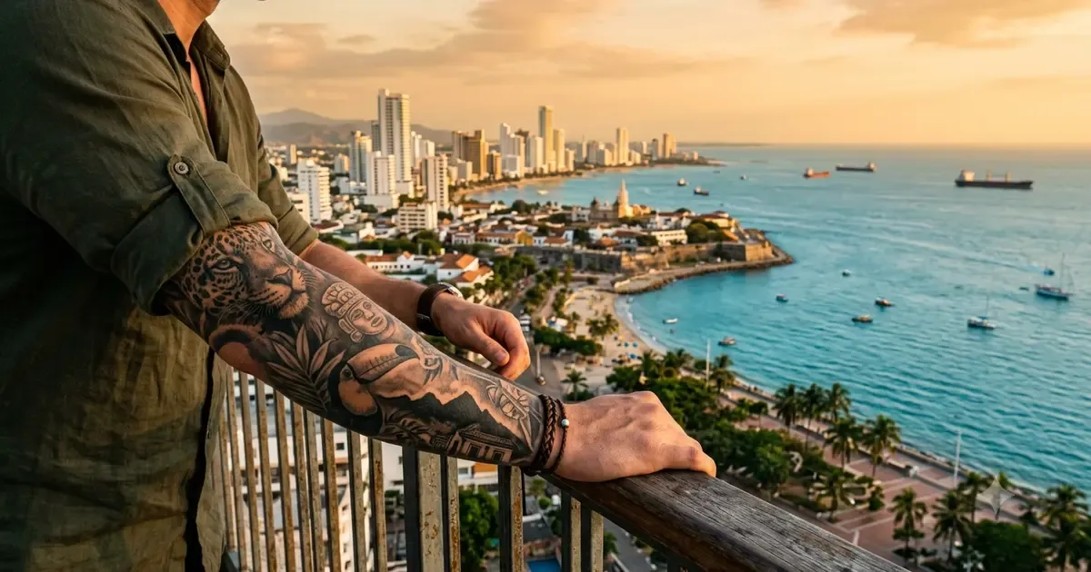 Tattooed arm with black and grey realism sleeve overlooking a Colombian coastal city at golden hour