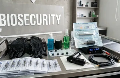 Professional tattoo biosafety setup with sealed needle cartridges, nitrile gloves, autoclaved equipment, barrier film, and tattoo machine ready for a session