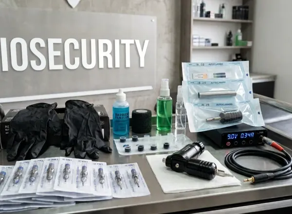 Professional tattoo biosafety setup with sealed needle cartridges, nitrile gloves, autoclaved equipment, barrier film, and tattoo machine ready for a session