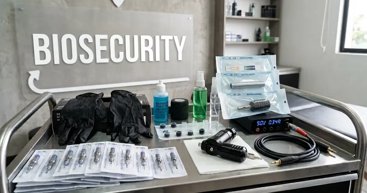 Professional tattoo biosafety setup with sealed needle cartridges, nitrile gloves, autoclaved equipment, barrier film, and tattoo machine ready for a session
