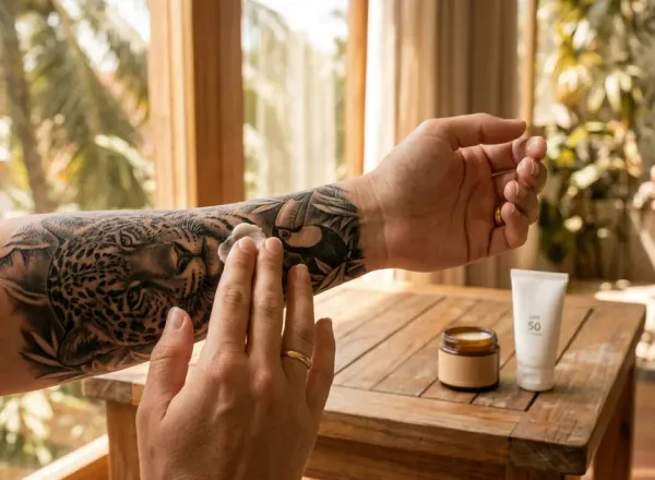 Applying aftercare cream on a black and grey realism forearm tattoo in a tropical setting with SPF 50 sunscreen nearby