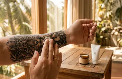 Applying aftercare cream on a black and grey realism forearm tattoo in a tropical setting with SPF 50 sunscreen nearby