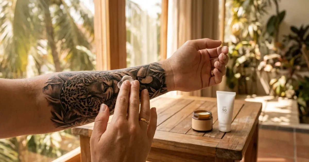 Applying aftercare cream on a black and grey realism forearm tattoo in a tropical setting with SPF 50 sunscreen nearby