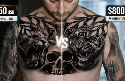 Black and grey realism chest tattoo with price comparison — $150 USD in Colombia versus $800 USD in the United States for the same quality work