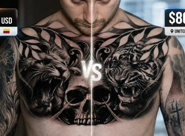 Black and grey realism chest tattoo with price comparison — $150 USD in Colombia versus $800 USD in the United States for the same quality work