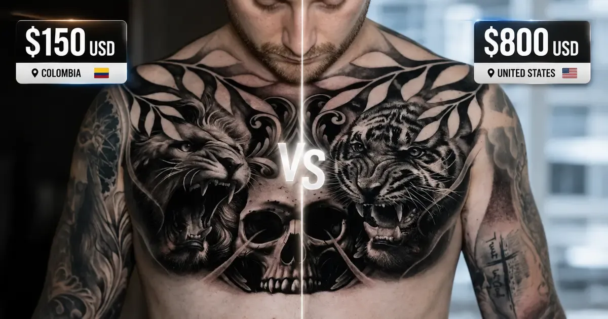 Black and grey realism chest tattoo with price comparison — $150 USD in Colombia versus $800 USD in the United States for the same quality work