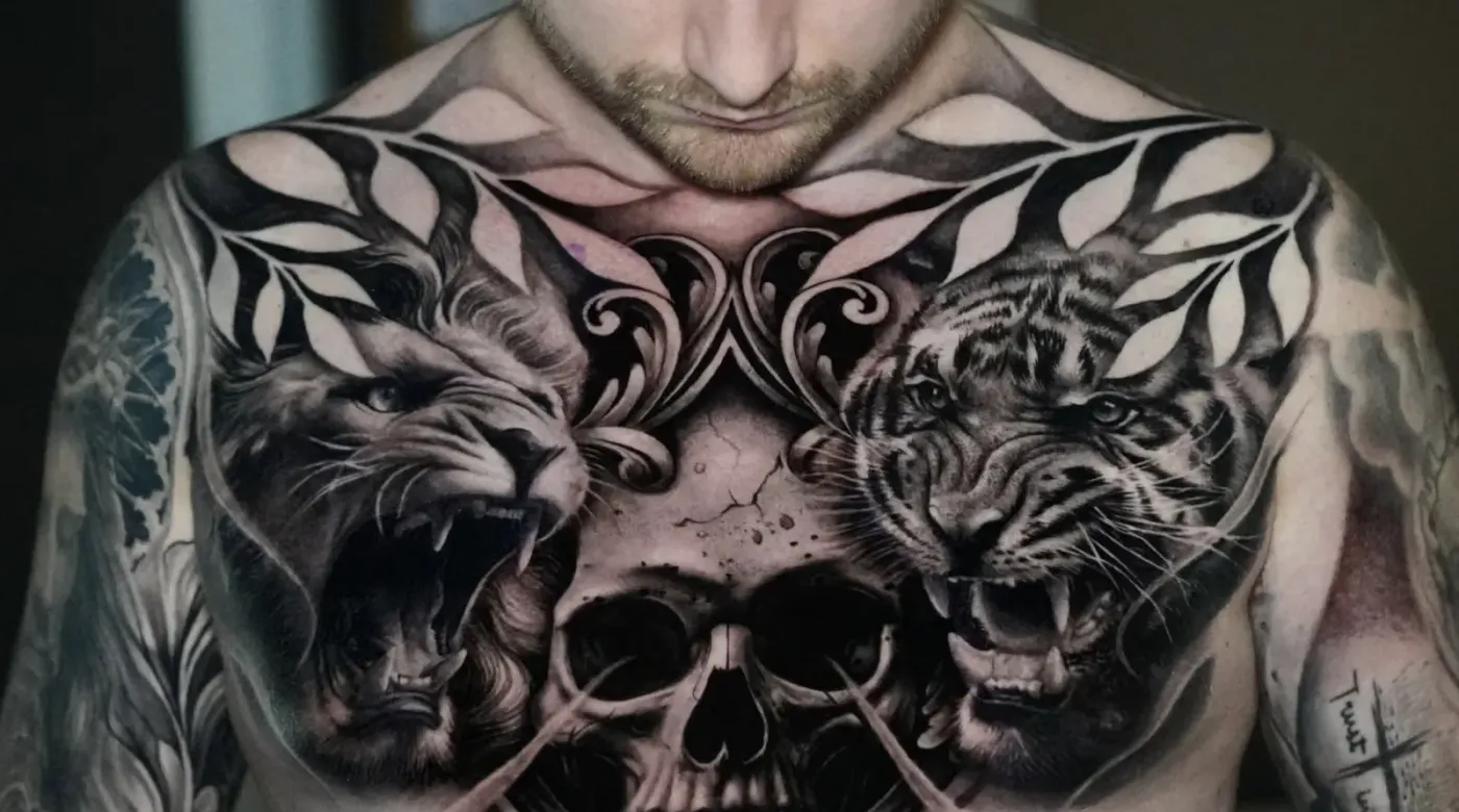 Tatuaje realista en blanco y negro en pecho completo por Clayton Goethe en Colombia