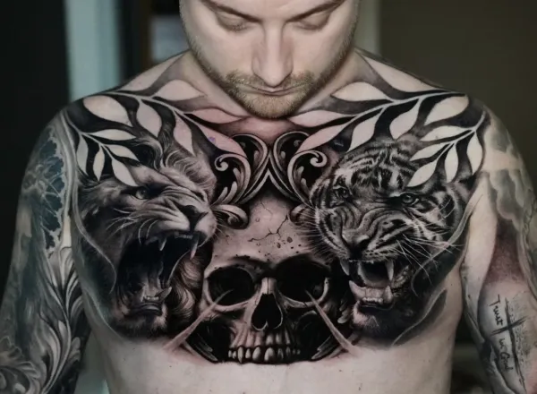Tatuaje realista en blanco y negro en pecho completo por Clayton Goethe en Colombia